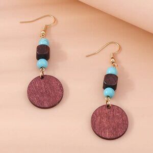 Simple Boho Wooden and Faux Turquoise Lightweight Western Style Drop Earrings
